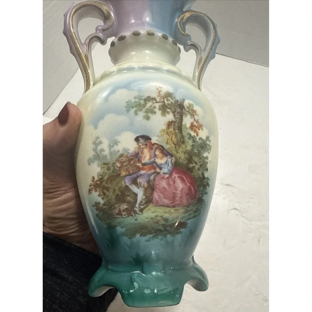 Vtg Czechoslovakian Porcelain Vase W/ Hand-Painted Courting Scene-Double Handles